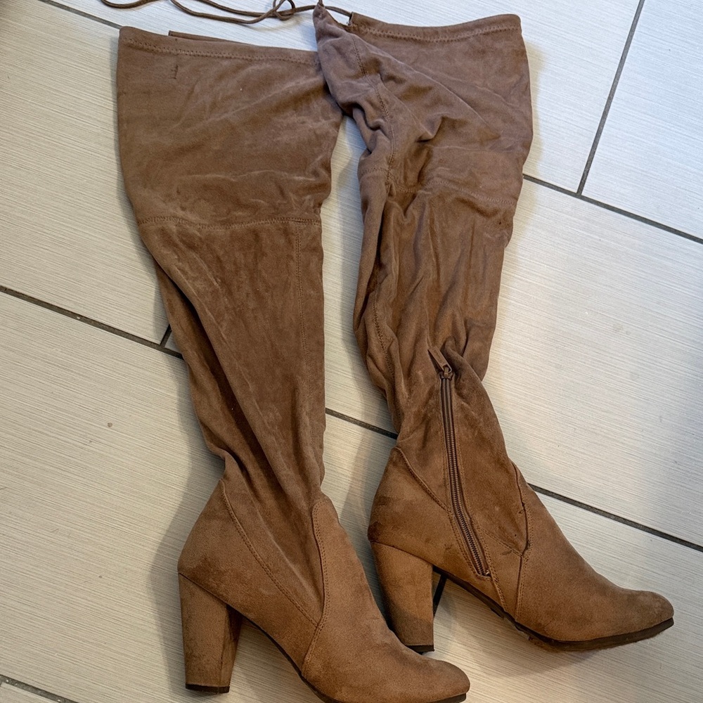 Breckelles Tall Brown Suede Over-the-Knee Block Heel Boots